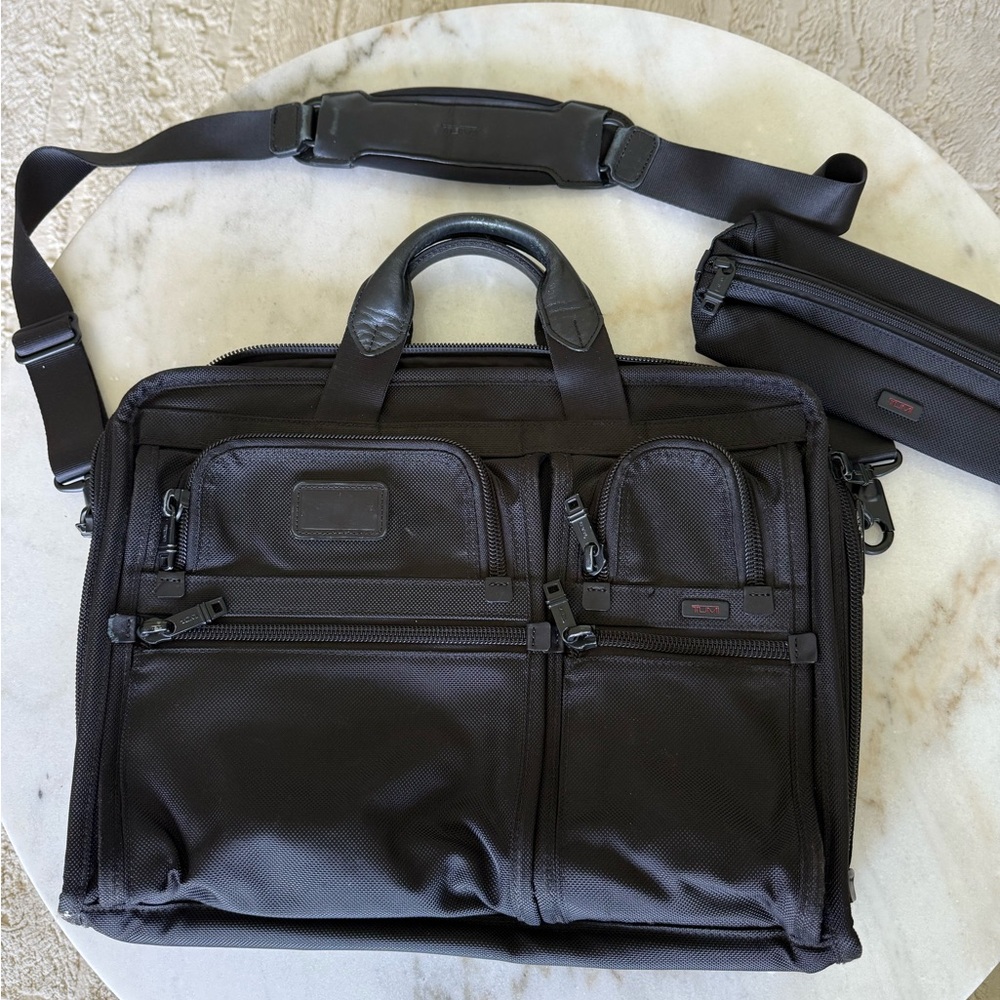 Tumi Black Briefcase with Durable Nylon and Adjustable Strap